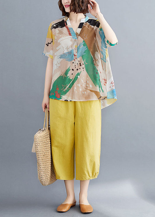 Organic Yellow V Neck Print Patchwork Tops And Pants Cotton Two Pieces Set Summer LY5360 - fabuloryshop