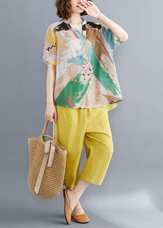 Organic Yellow V Neck Print Patchwork Tops And Pants Cotton Two Pieces Set Summer LY5360 - fabuloryshop