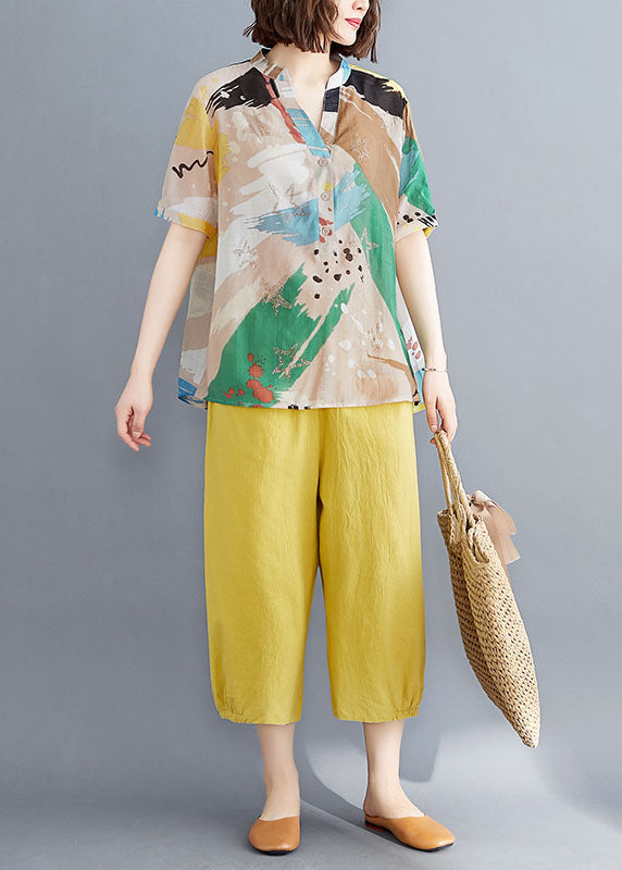 Organic Yellow V Neck Print Patchwork Tops And Pants Cotton Two Pieces Set Summer LY5360 - fabuloryshop