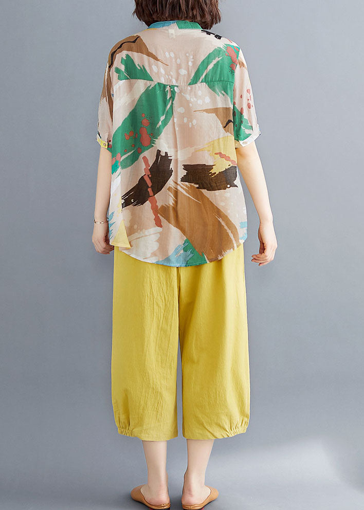 Organic Yellow V Neck Print Patchwork Tops And Pants Cotton Two Pieces Set Summer LY5360 - fabuloryshop