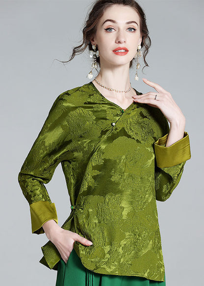 Oriental Green V Neck Jacquard Patchwork Silk Shirt Tops Spring LY1023 - fabuloryshop