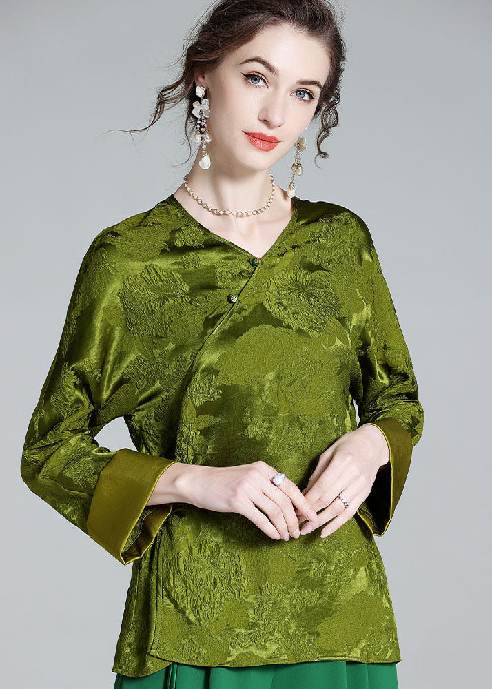 Oriental Green V Neck Jacquard Patchwork Silk Shirt Tops Spring LY1023 - fabuloryshop