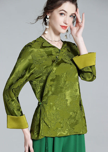 Oriental Green V Neck Jacquard Patchwork Silk Shirt Tops Spring LY1023 - fabuloryshop