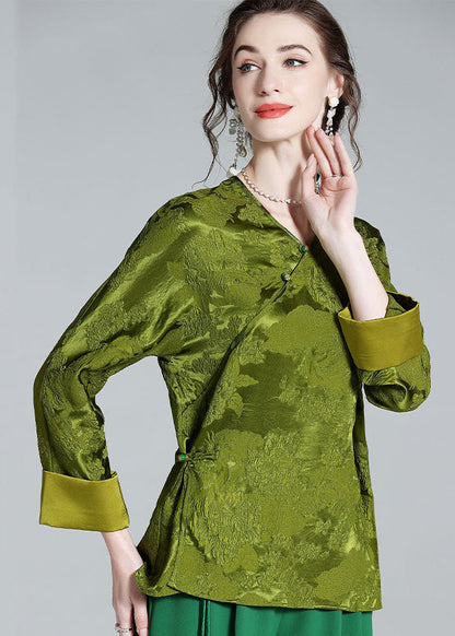 Oriental Green V Neck Jacquard Patchwork Silk Shirt Tops Spring LY1023 - fabuloryshop