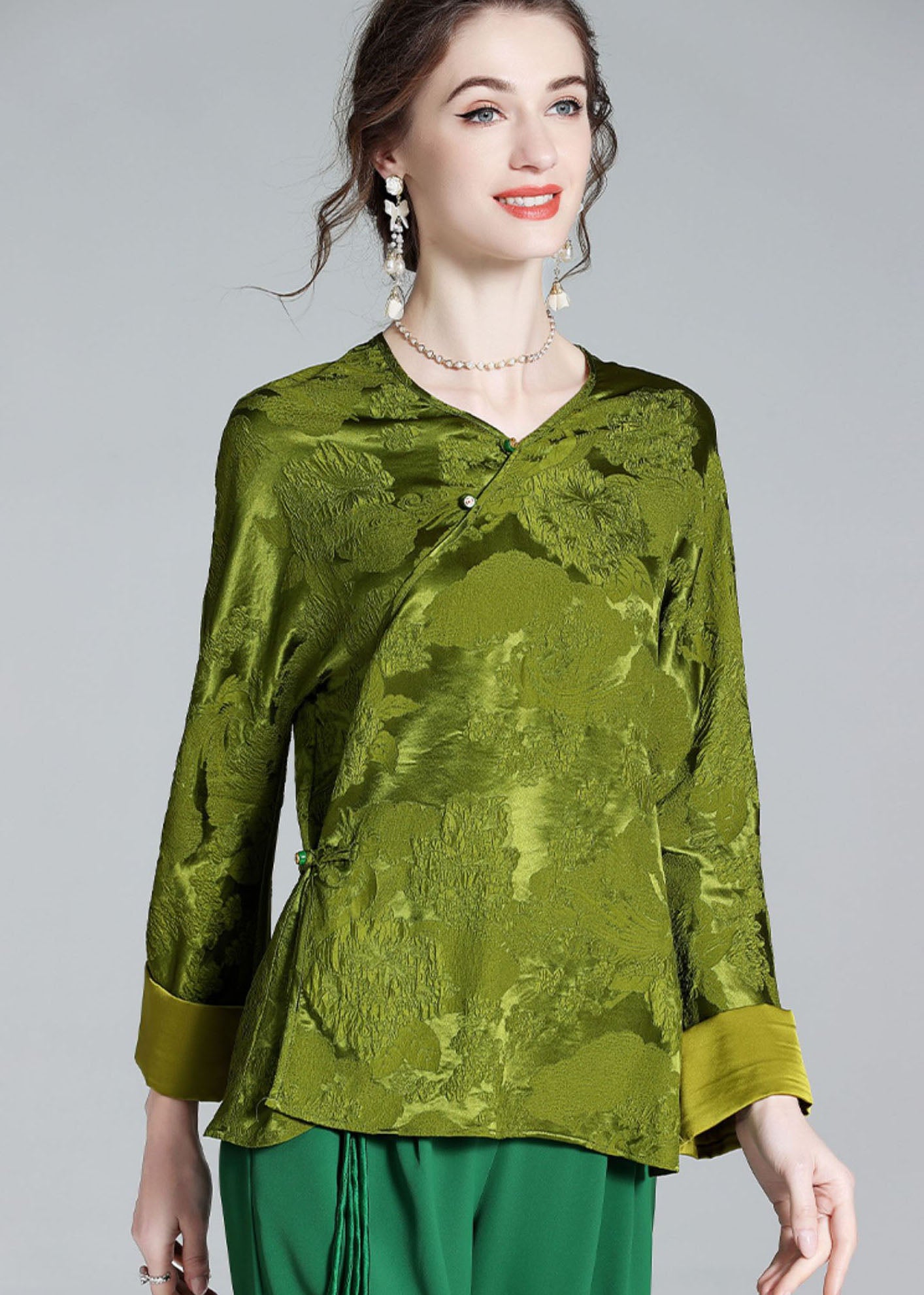 Oriental Green V Neck Jacquard Patchwork Silk Shirt Tops Spring LY1023 - fabuloryshop