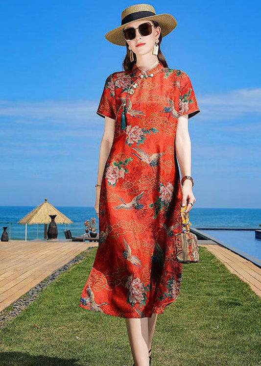 Oriental Orange Stand Collar Tasseled Print Silk Dresses Summer LC0222 - fabuloryshop