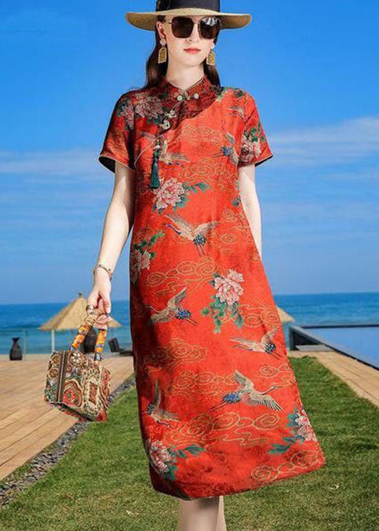 Oriental Orange Stand Collar Tasseled Print Silk Dresses Summer LC0222 - fabuloryshop