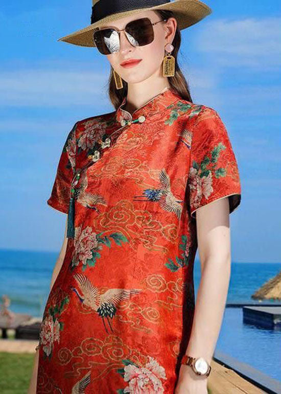 Oriental Orange Stand Collar Tasseled Print Silk Dresses Summer LC0222 - fabuloryshop