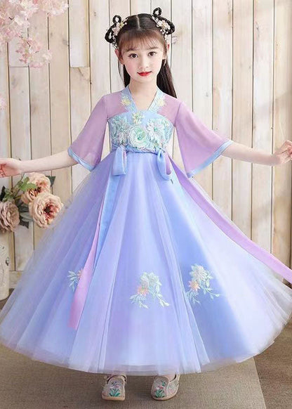 Oriental Purple Embroideried Tie Waist Patchwork Chiffon Kids Girls Dresses Summer LY6477 Ada Fashion