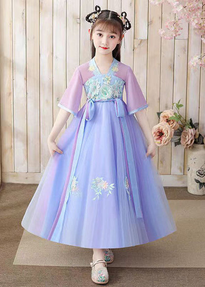 Oriental Purple Embroideried Tie Waist Patchwork Chiffon Kids Girls Dresses Summer LY6477 Ada Fashion