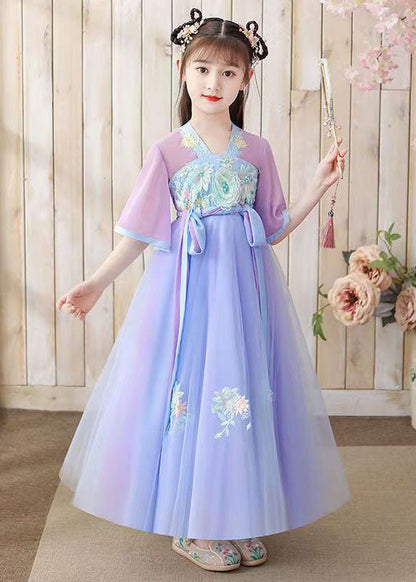 Oriental Purple Embroideried Tie Waist Patchwork Chiffon Kids Girls Dresses Summer LY6477 Ada Fashion