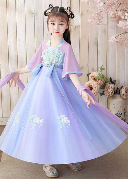 Oriental Purple Embroideried Tie Waist Patchwork Chiffon Kids Girls Dresses Summer LY6477 Ada Fashion