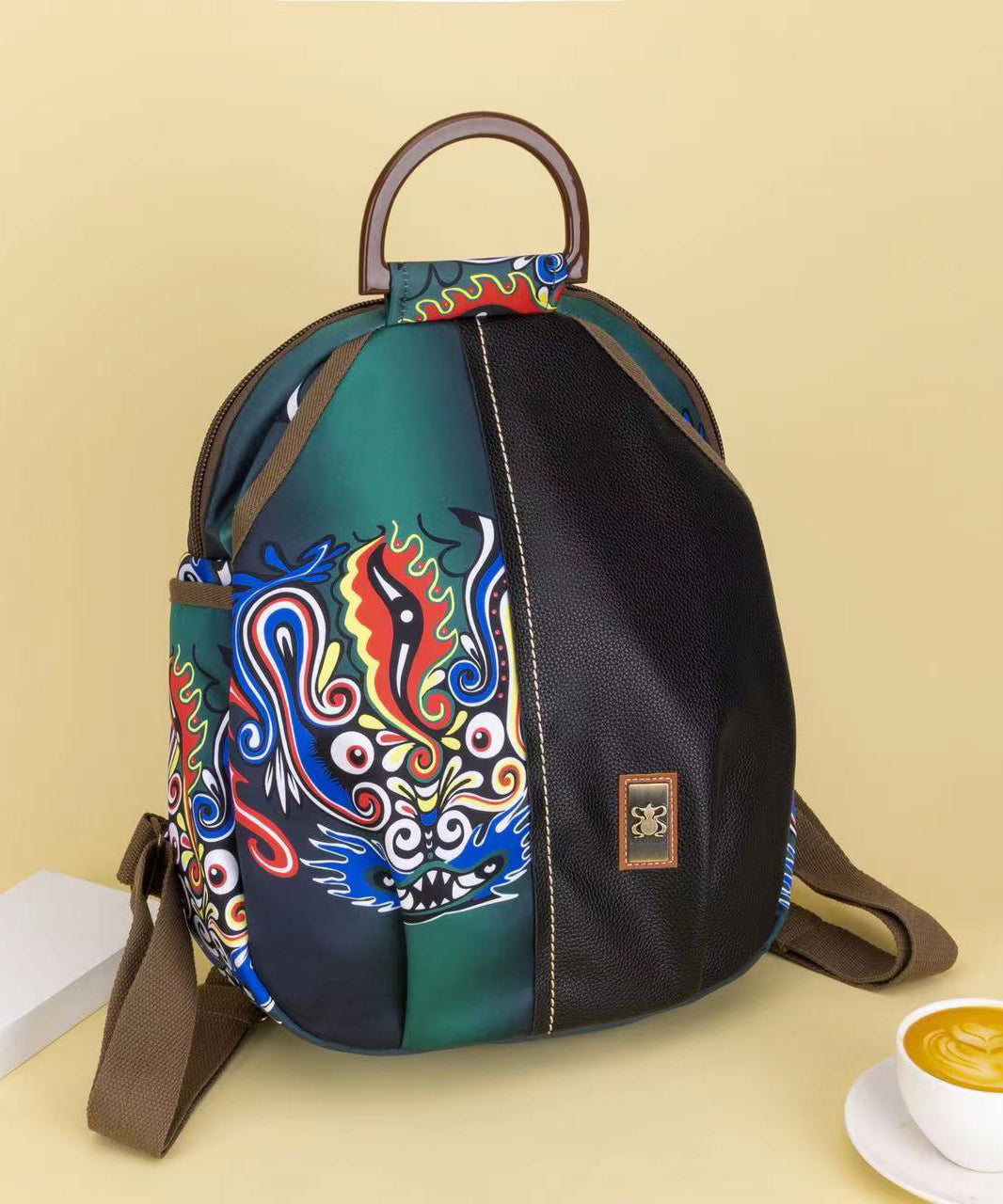 Oriental Style Gradient Green Print Patchwork Backpack Bag Ada Fashion