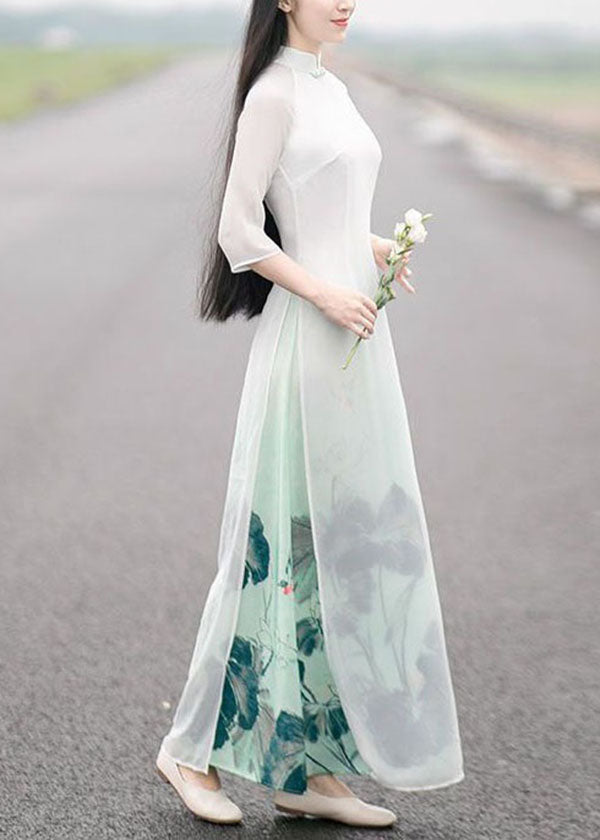 Oriental White Gradient Print Side Open Chiffon Dress Spring LY1688 - fabuloryshop