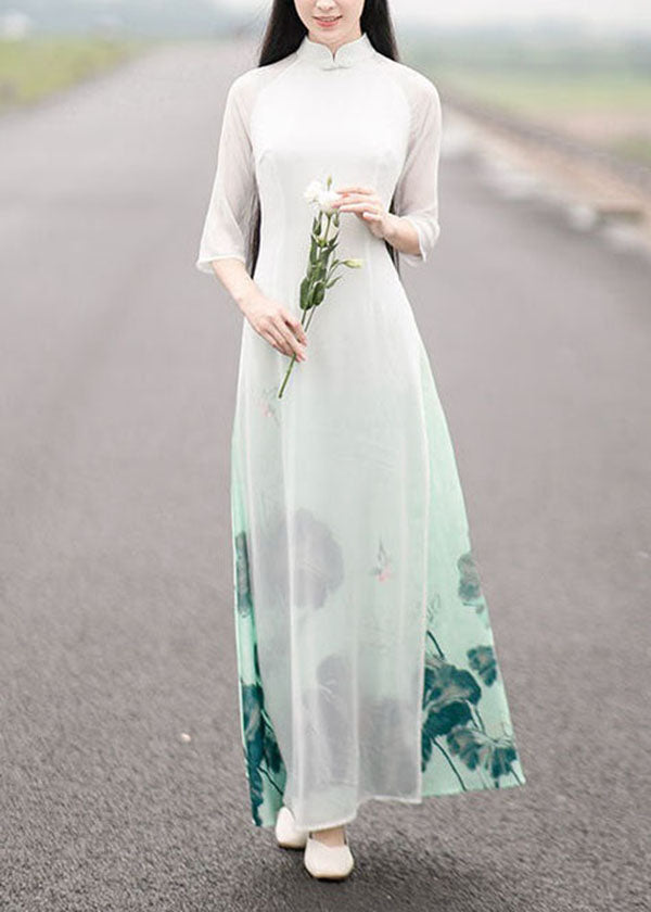 Oriental White Gradient Print Side Open Chiffon Dress Spring LY1688 - fabuloryshop