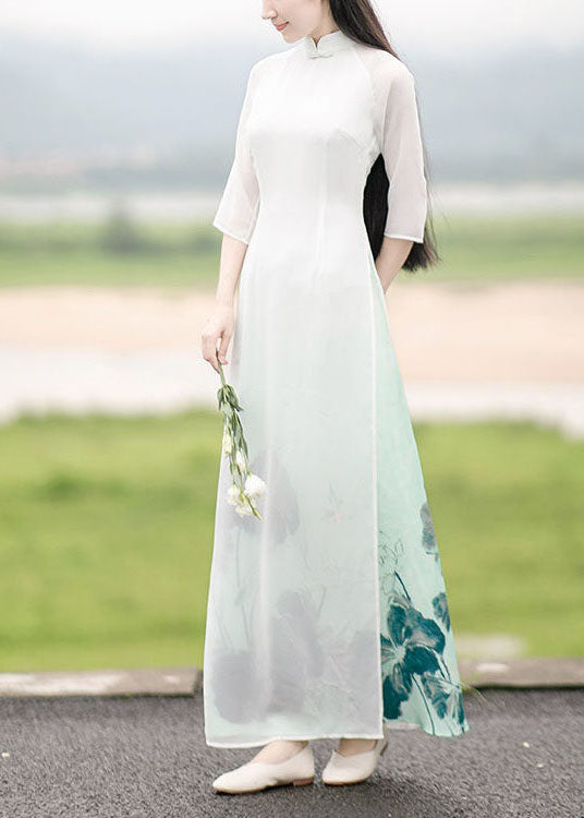 Oriental White Gradient Print Side Open Chiffon Dress Spring LY1688 - fabuloryshop