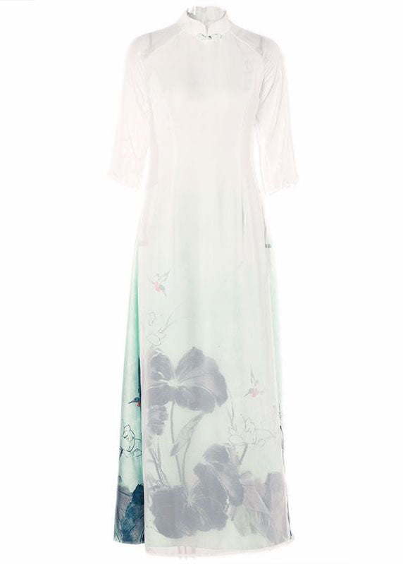 Oriental White Gradient Print Side Open Chiffon Dress Spring LY1688 - fabuloryshop