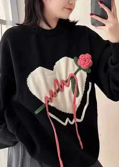 Original Black O Neck Heart Floral Knit Knitted Sweaters Fall Ada Fashion