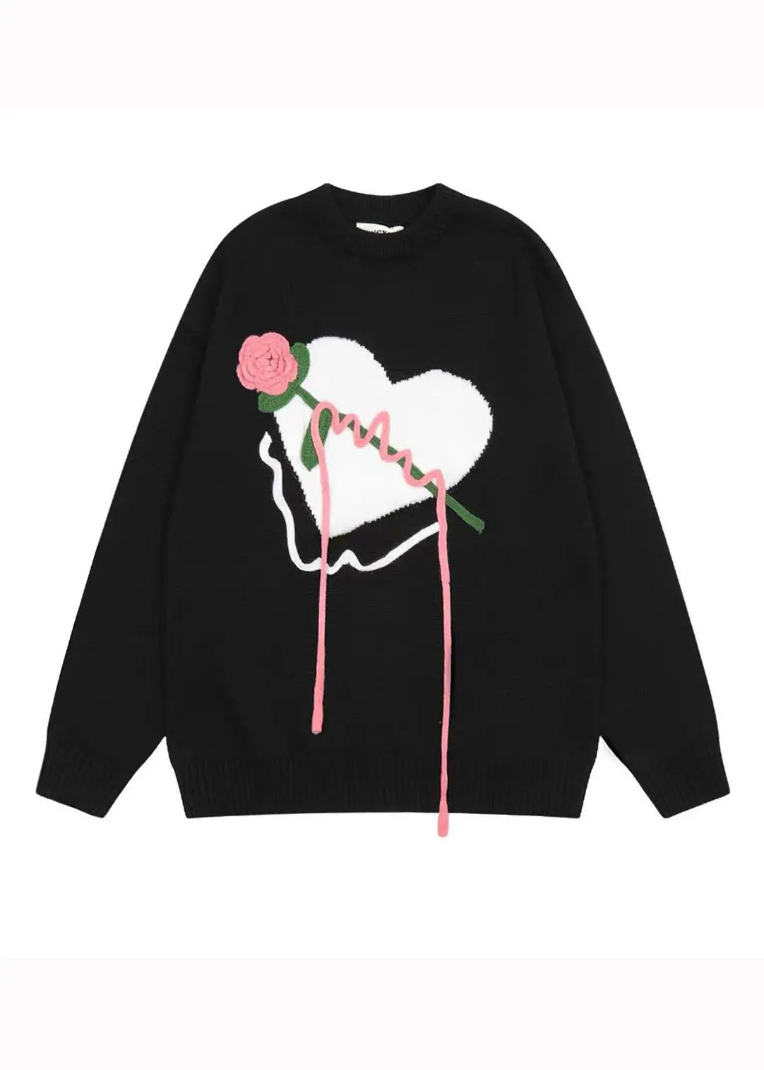 Original Black O Neck Heart Floral Knit Knitted Sweaters Fall Ada Fashion