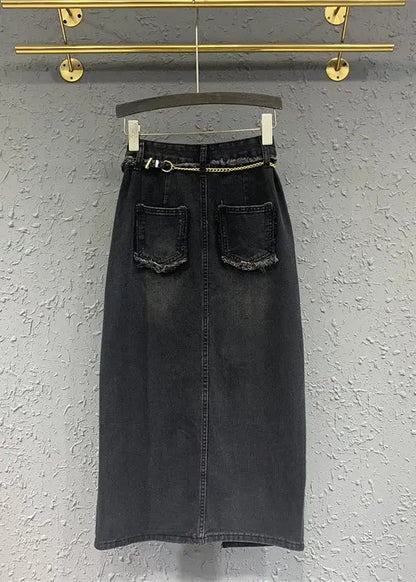 Original Black Tasseled Asymmetrical Patchwork Denim Skirts Fall Ada Fashion