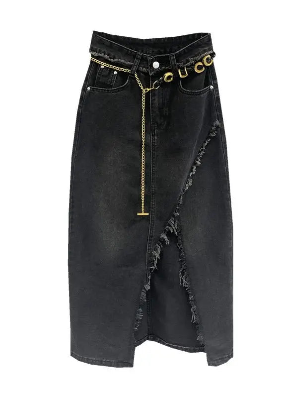 Original Black Tasseled Asymmetrical Patchwork Denim Skirts Fall Ada Fashion