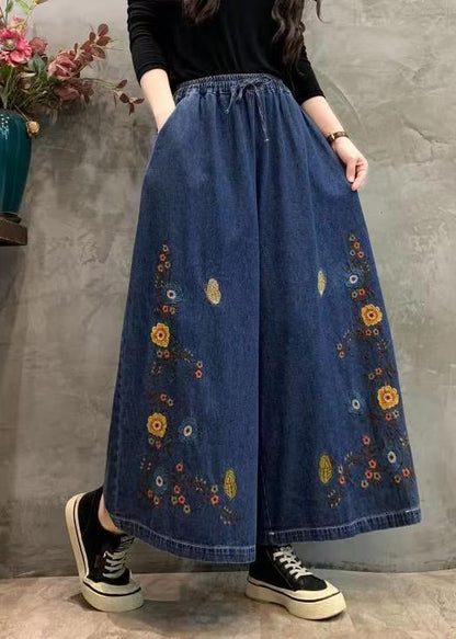 Original Blue Embroidery Patchwork Elastic Waist Denim Wide Leg Pants Autumn Ada Fashion