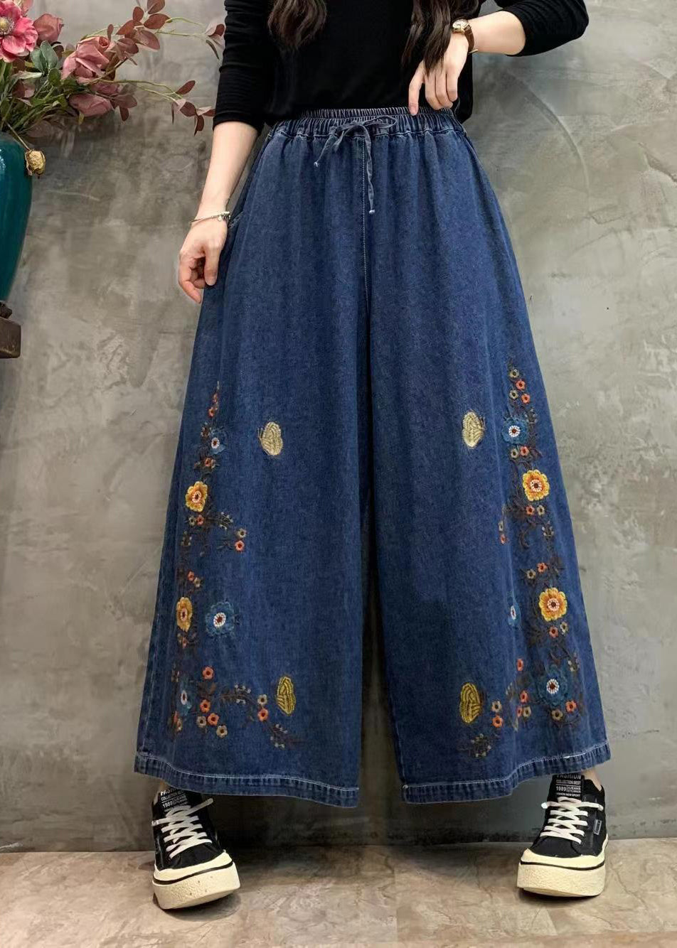 Original Blue Embroidery Patchwork Elastic Waist Denim Wide Leg Pants Autumn Ada Fashion