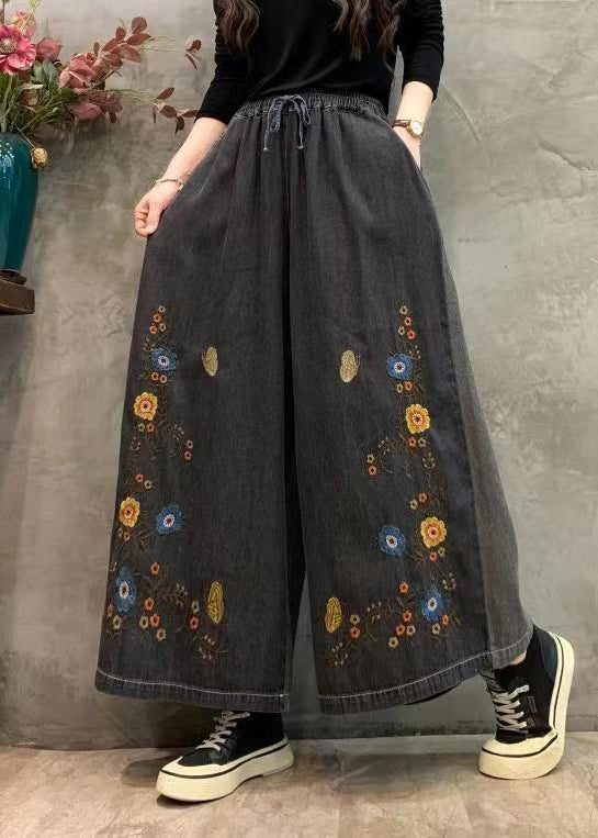 Original Blue Embroidery Patchwork Elastic Waist Denim Wide Leg Pants Autumn Ada Fashion