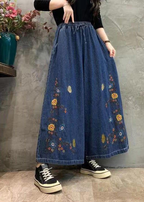 Original Blue Embroidery Patchwork Elastic Waist Denim Wide Leg Pants Autumn Ada Fashion