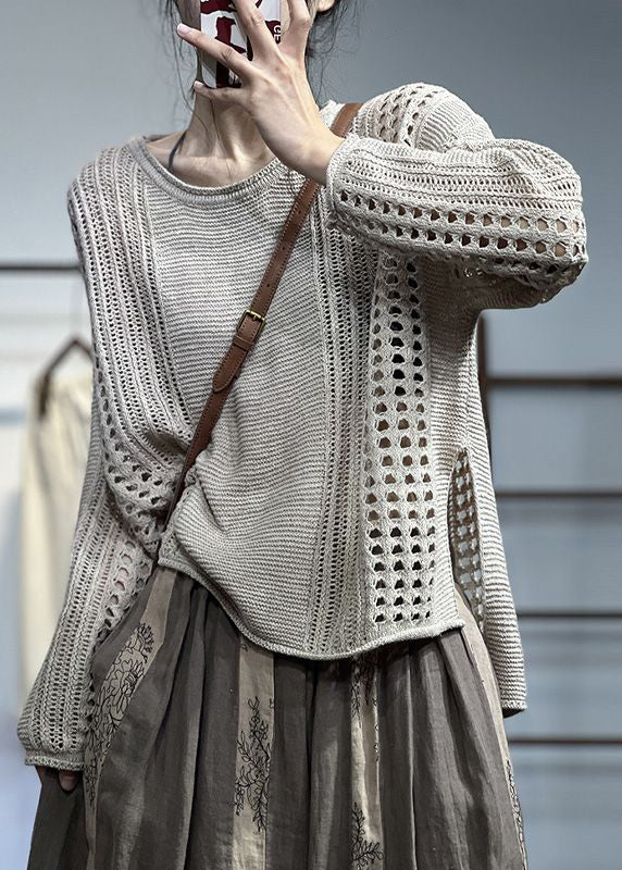 Original Design Beige O Neck Hollow Out Patchwork Knit Top Fall Ada Fashion