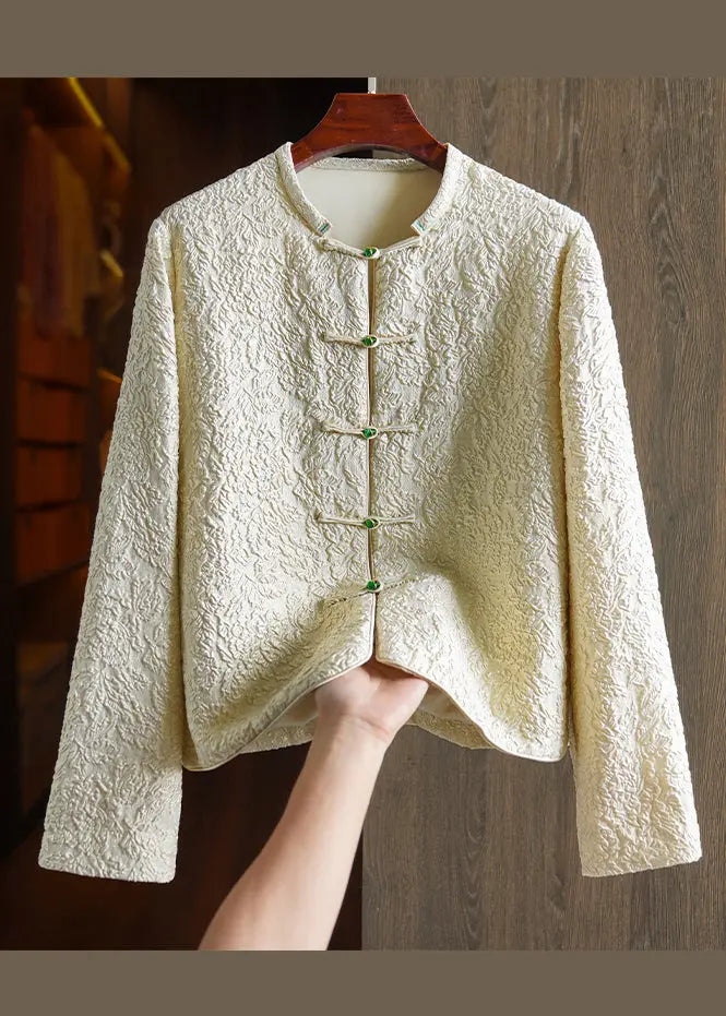 Original Design Beige Yellow Jacquard Button Patchwork Silk Coats Fall Ada Fashion