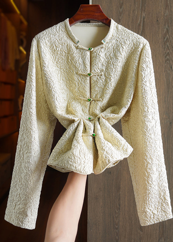 Original Design Beige Yellow Jacquard Button Patchwork Silk Coats Fall Ada Fashion