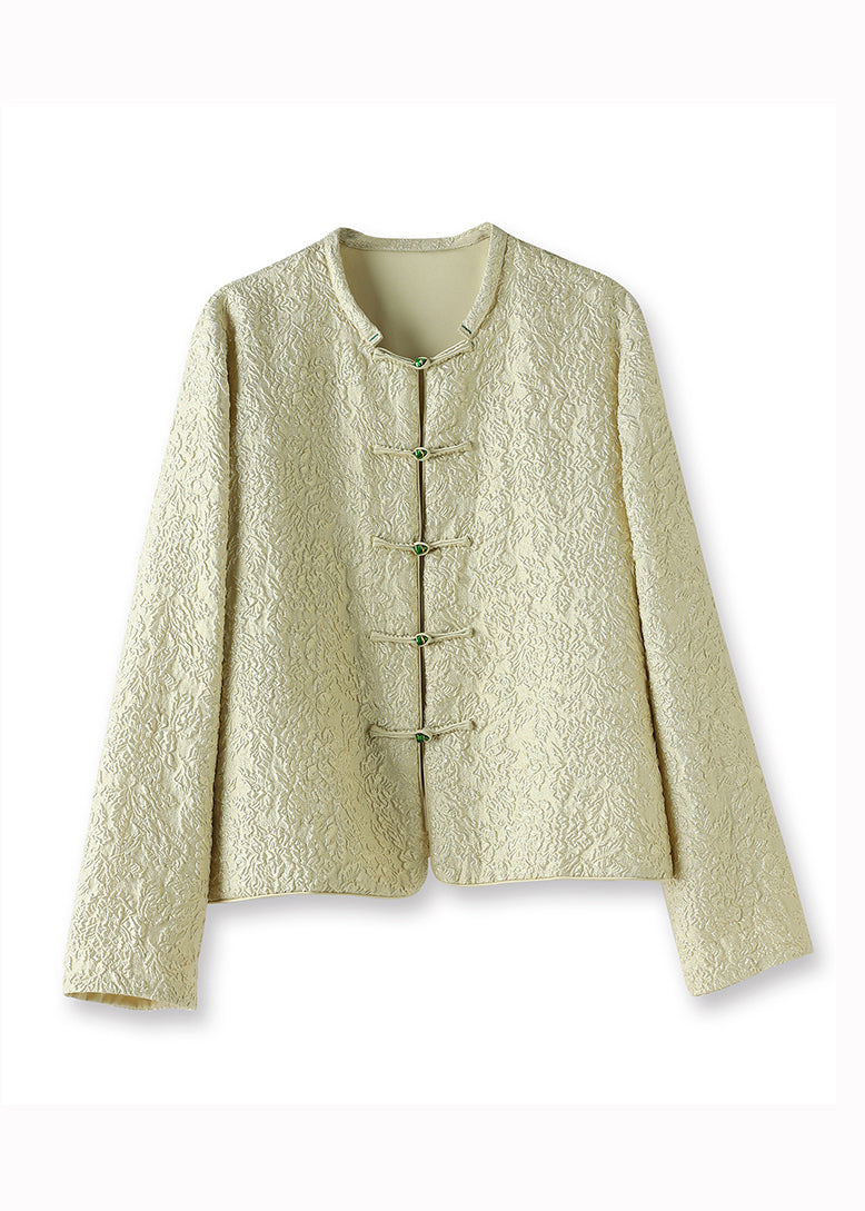 Original Design Beige Yellow Jacquard Button Patchwork Silk Coats Fall Ada Fashion