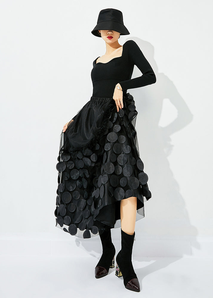 Original Design Black Elastic Waist Patchwork Wrinkled Tulle Skirt Summer LY0830 - fabuloryshop