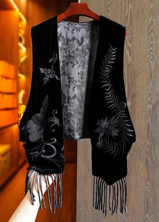 Original Design Black Embroideried Tasseled Silk Velour Vest Sleeveless Ada Fashion