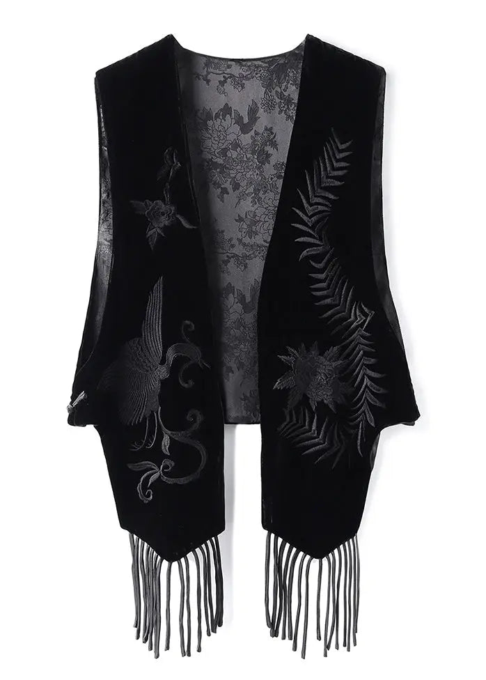 Original Design Black Embroideried Tasseled Silk Velour Vest Sleeveless Ada Fashion