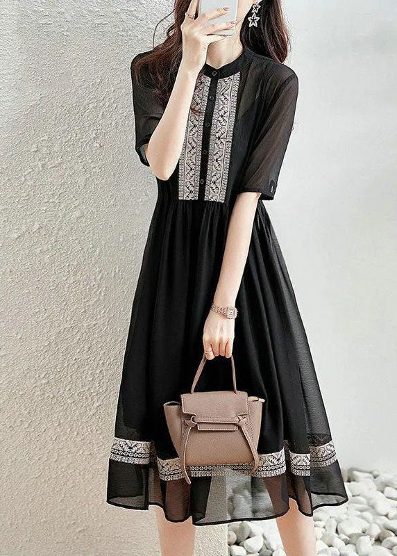 Original Design Black O-Neck Patchwork Chiffon Dress Summer LY0502