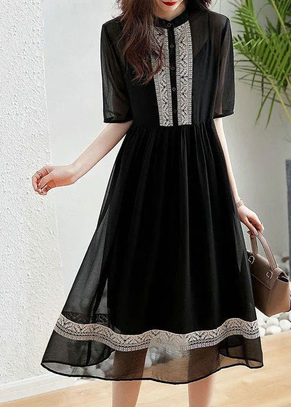 Original Design Black O-Neck Patchwork Chiffon Dress Summer LY0502
