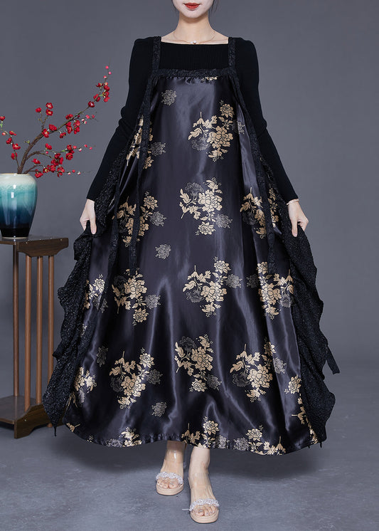 Original Design Black Oversized Patchwork Exra Large Hem Silk Dress Spring LY3634