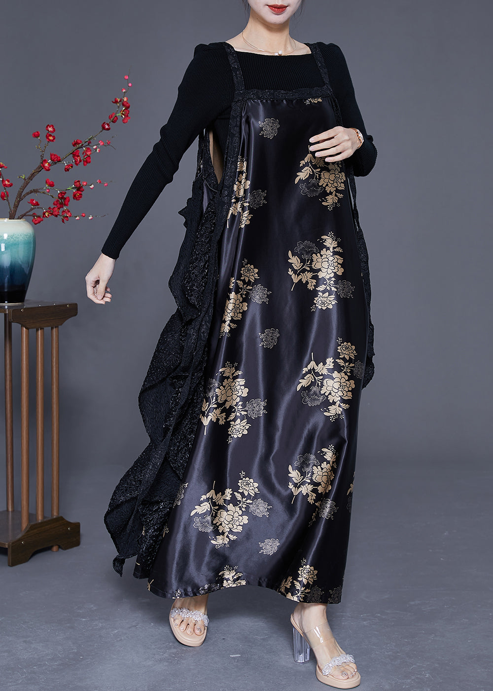 Original Design Black Oversized Patchwork Exra Large Hem Silk Dress Spring LY3634 - fabuloryshop