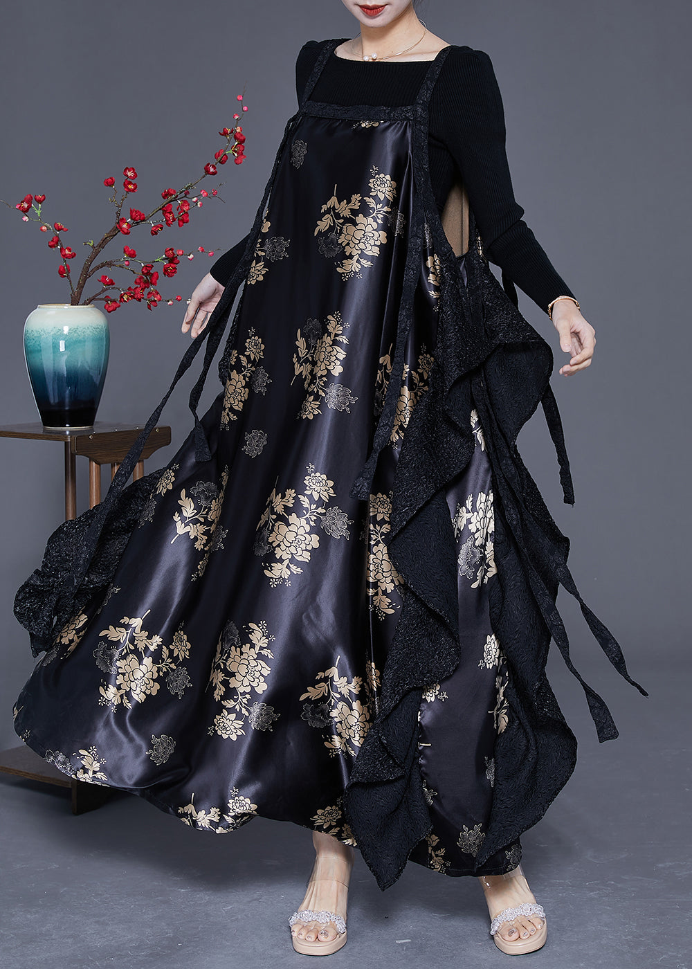 Original Design Black Oversized Patchwork Exra Large Hem Silk Dress Spring LY3634 - fabuloryshop