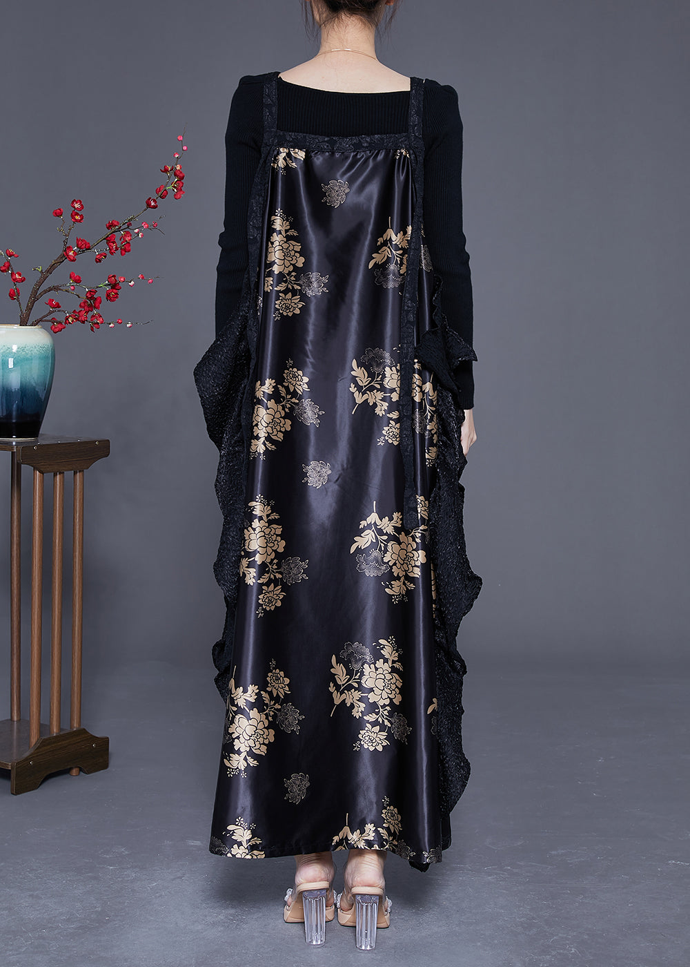 Original Design Black Oversized Patchwork Exra Large Hem Silk Dress Spring LY3634 - fabuloryshop