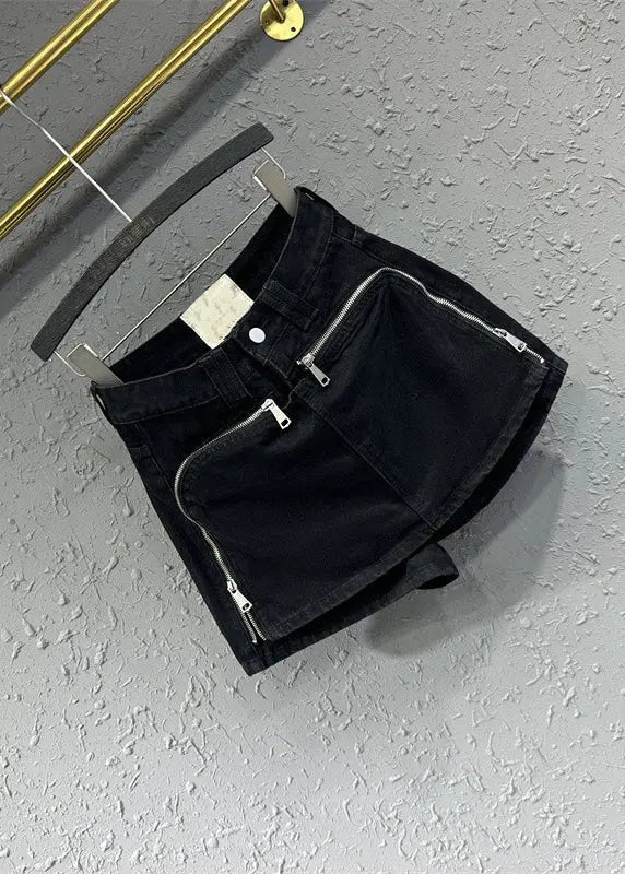 Original Design Black Zip Up Pockets Patchwork Denim Shorts Summer Ada Fashion