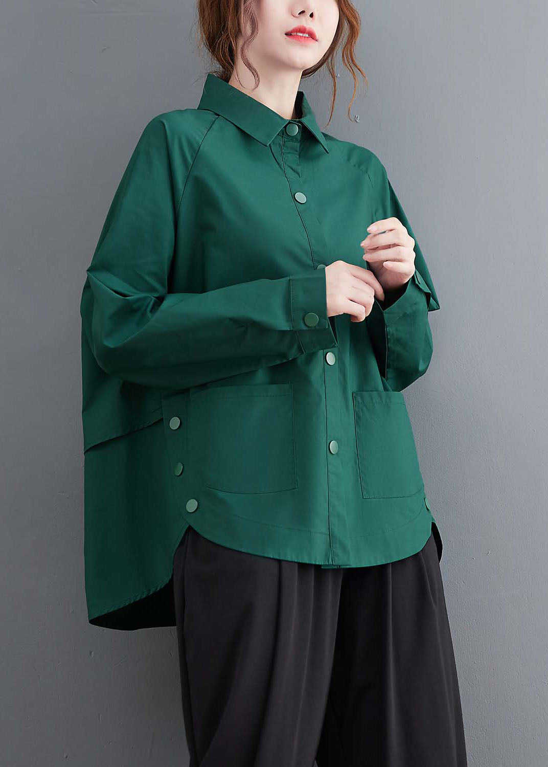 Original Design Blackish Green Oversized Patchwork Cotton Shirt Top Spring LY1506 - fabuloryshop