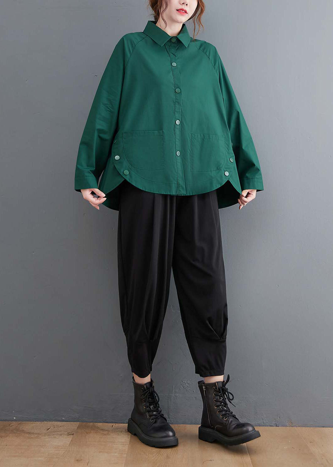 Original Design Blackish Green Oversized Patchwork Cotton Shirt Top Spring LY1506 - fabuloryshop
