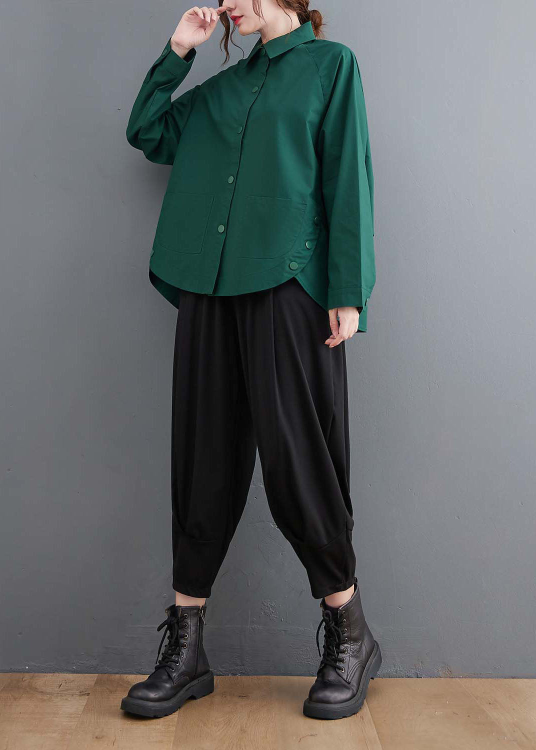 Original Design Blackish Green Oversized Patchwork Cotton Shirt Top Spring LY1506 - fabuloryshop