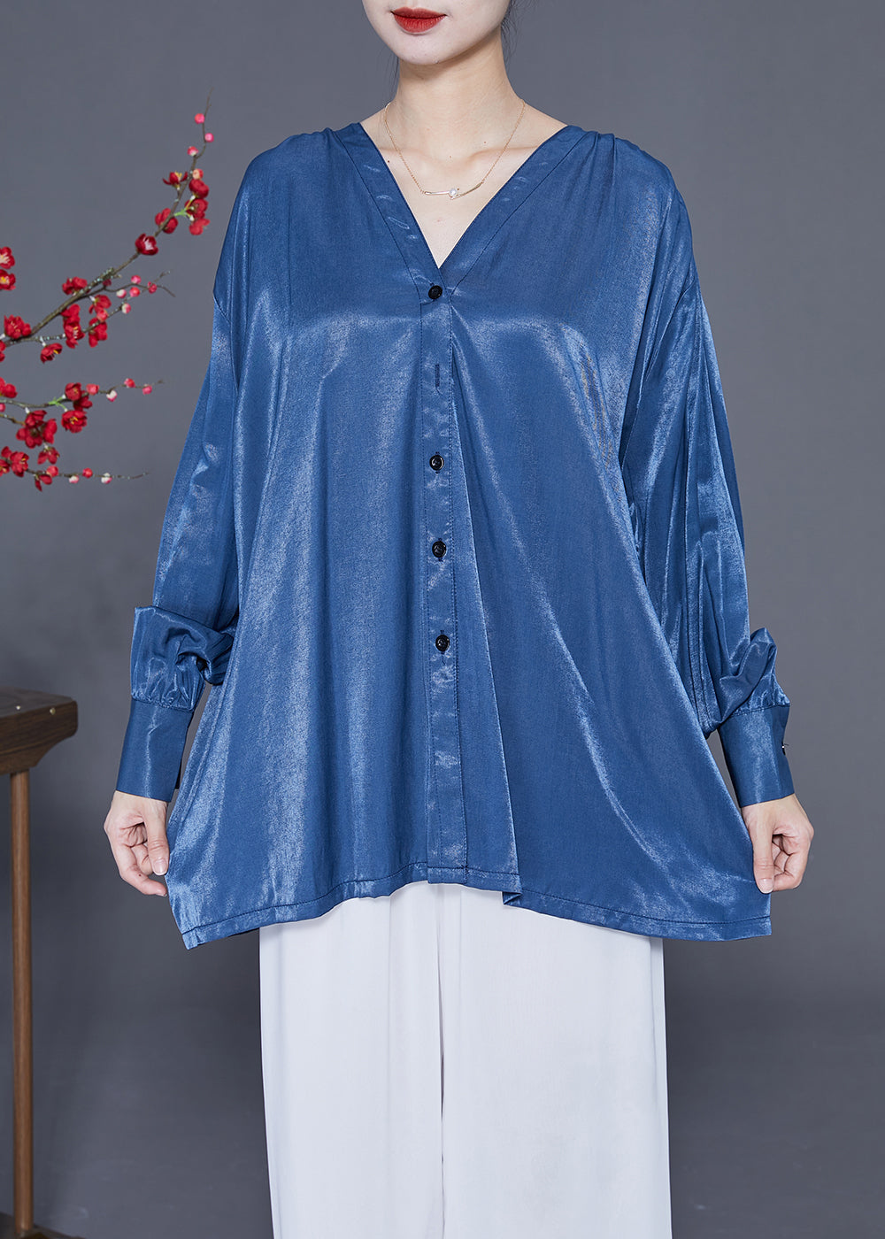 Original Design Blue V Neck Oversized Button Silk Shirt Top Spring LY2399 - fabuloryshop