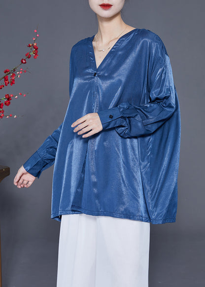 Original Design Blue V Neck Oversized Button Silk Shirt Top Spring LY2399 - fabuloryshop