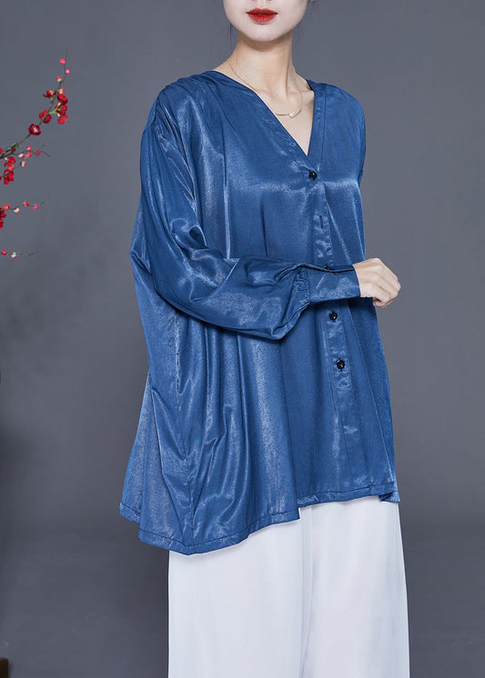 Original Design Blue V Neck Oversized Button Silk Shirt Top Spring LY2399 - fabuloryshop