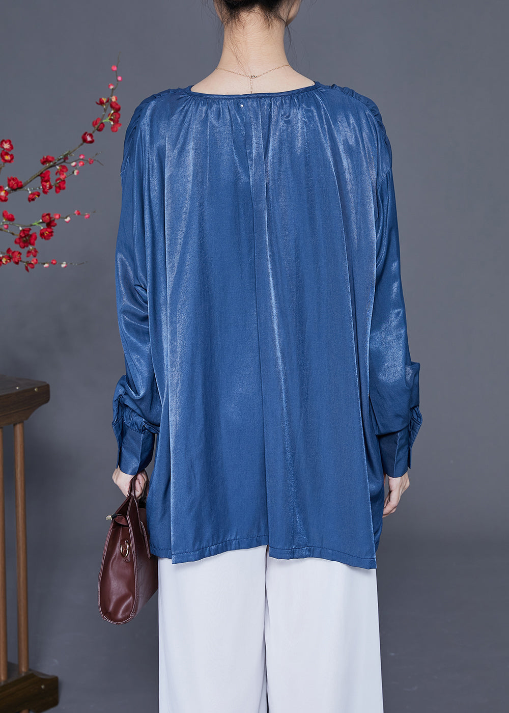 Original Design Blue V Neck Oversized Button Silk Shirt Top Spring LY2399 - fabuloryshop